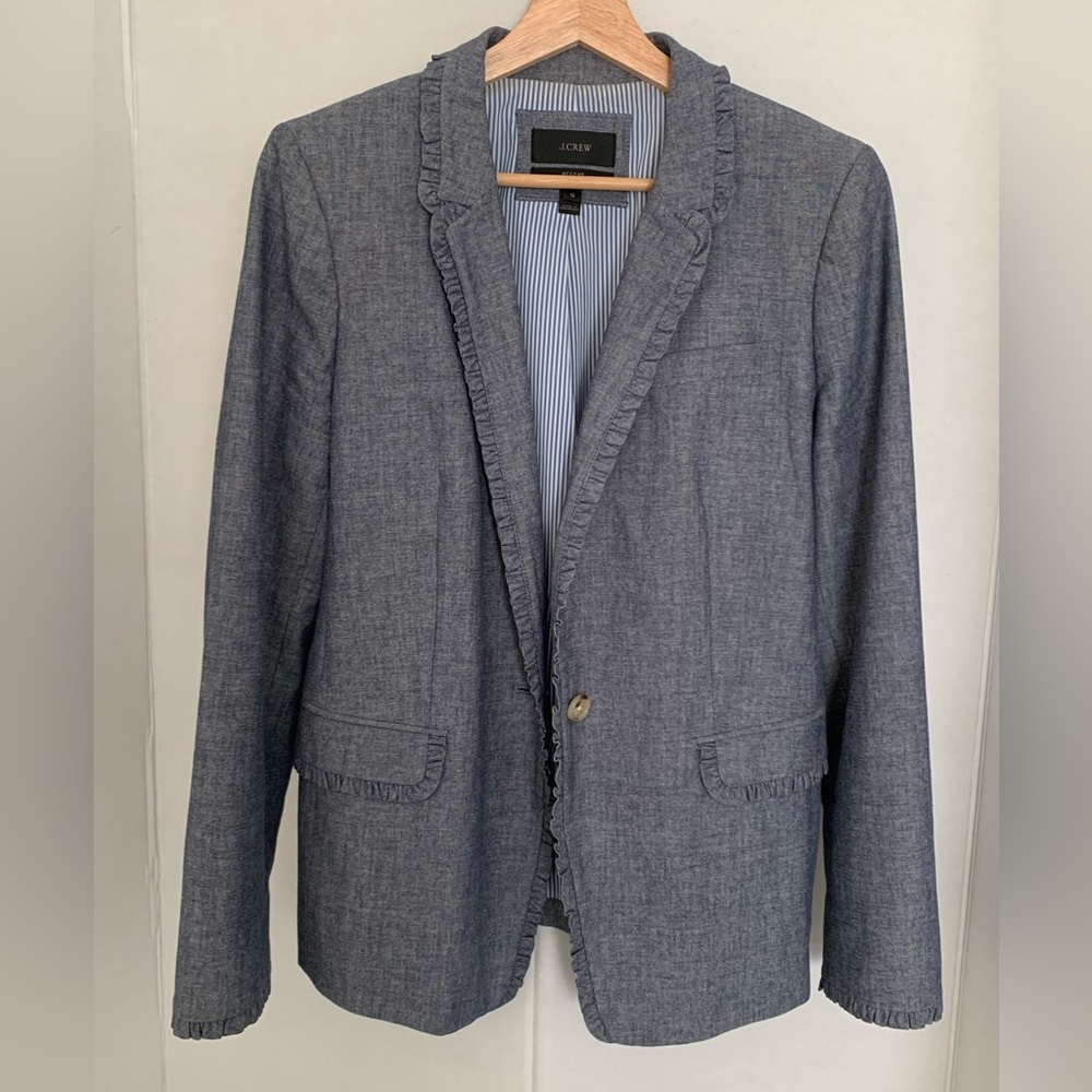 J. Crew Women's blue suit with Ruffle Trim
